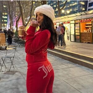 JUICY COUTURE Velour OG Bling Tracksuit Hoodie & Pant Set flash Red Size medium